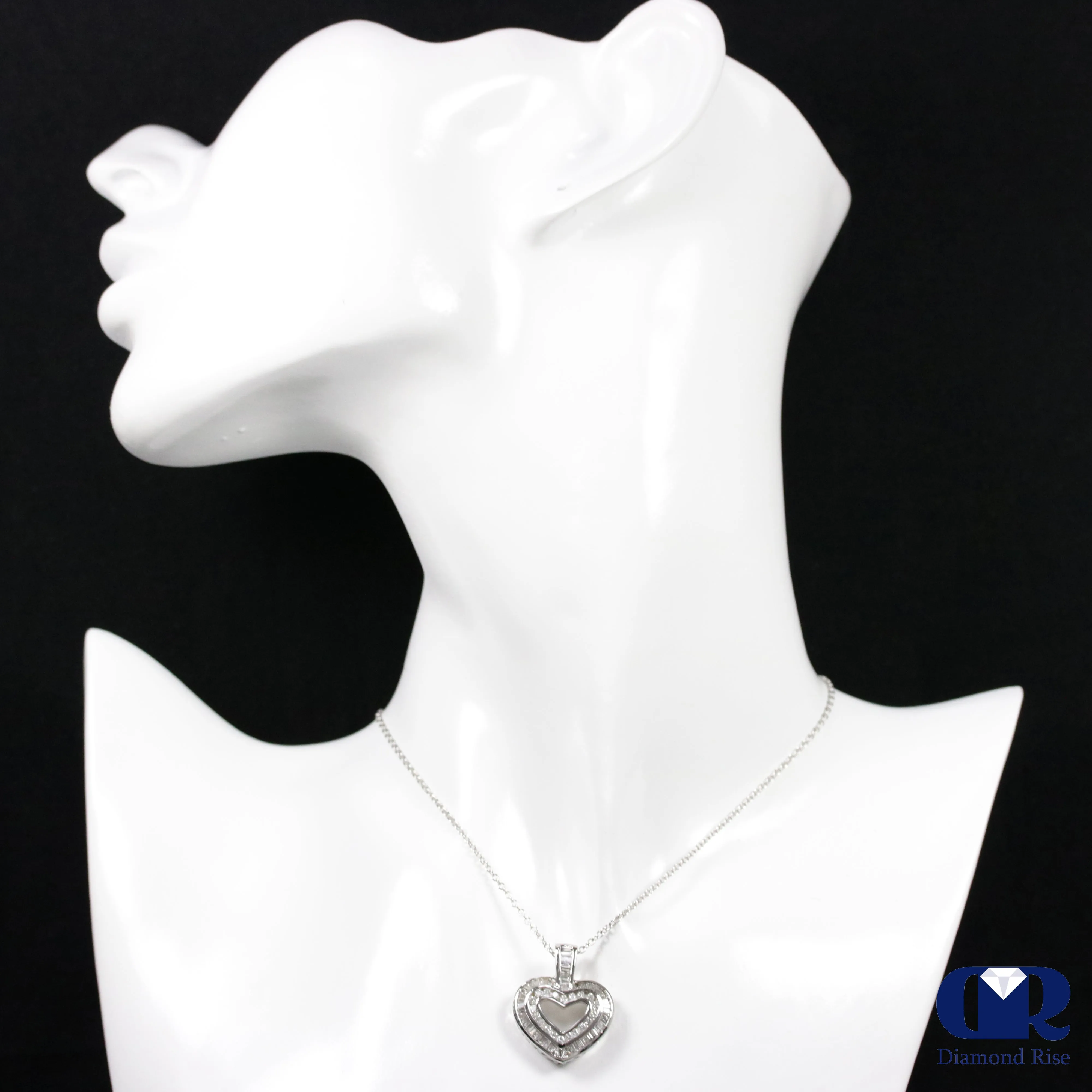 1.03 Ct Diamond Double Row Open Heart Pendant Necklace 14K White Gold With Chain