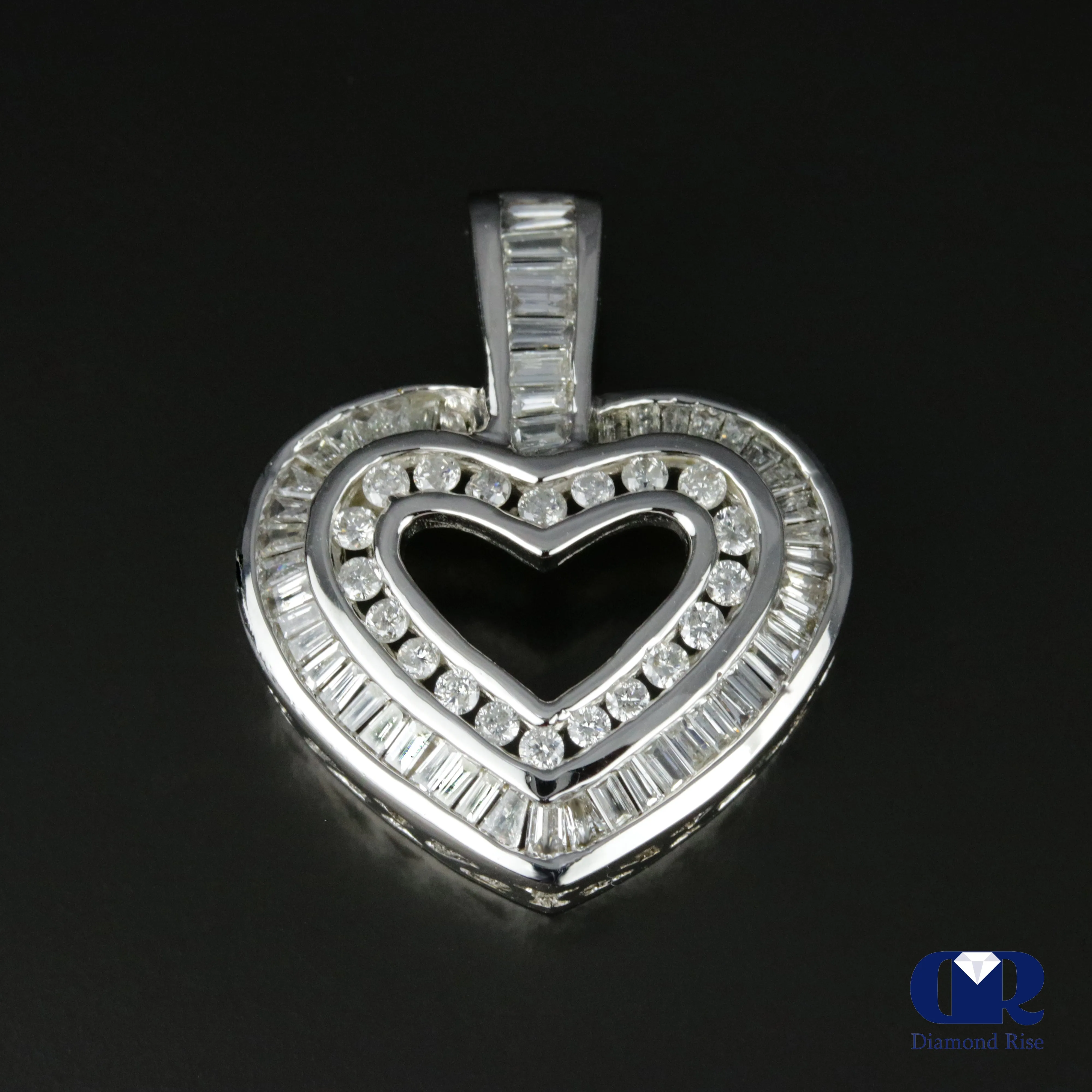 1.03 Ct Diamond Double Row Open Heart Pendant Necklace 14K White Gold With Chain