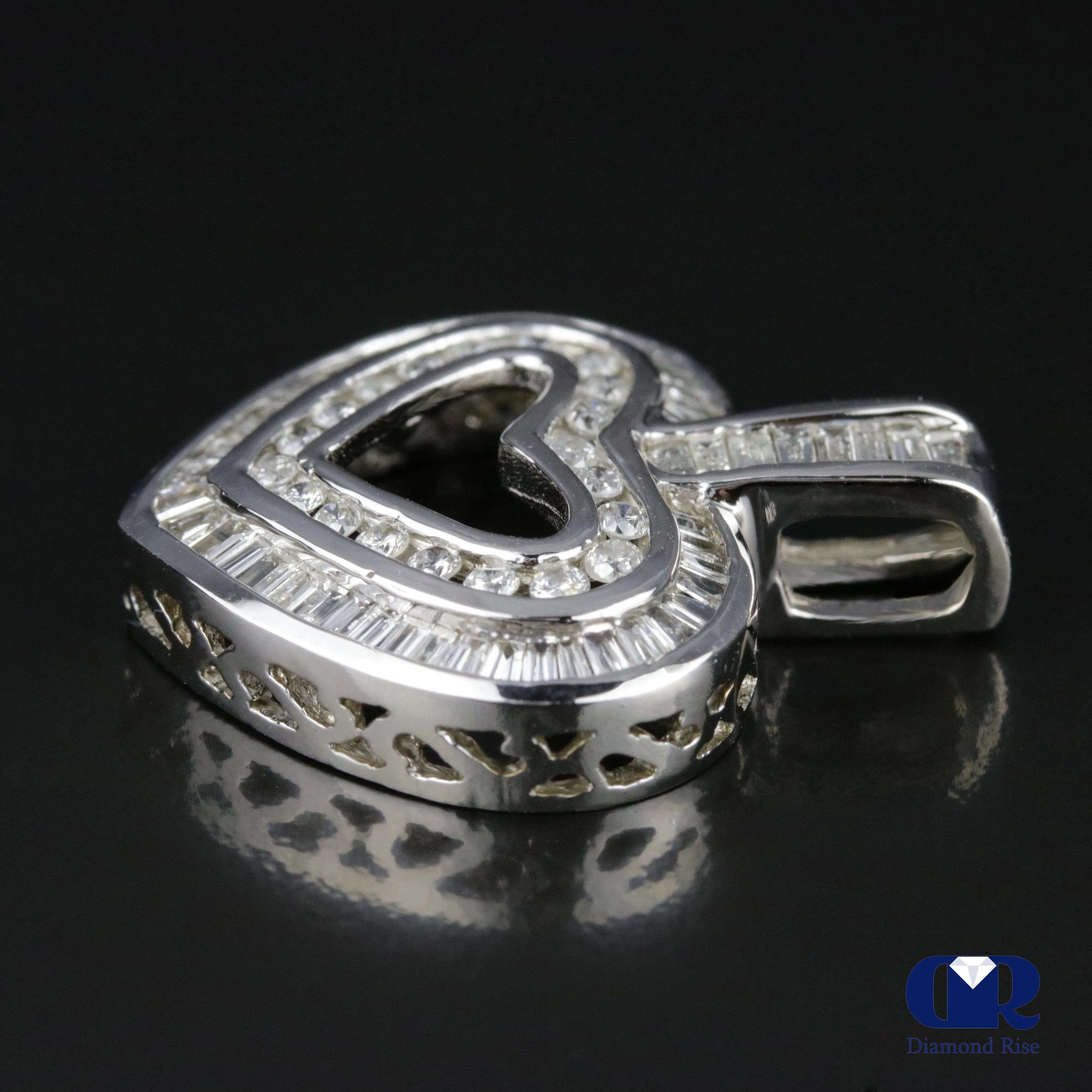 1.03 Ct Diamond Double Row Open Heart Pendant Necklace 14K White Gold With Chain