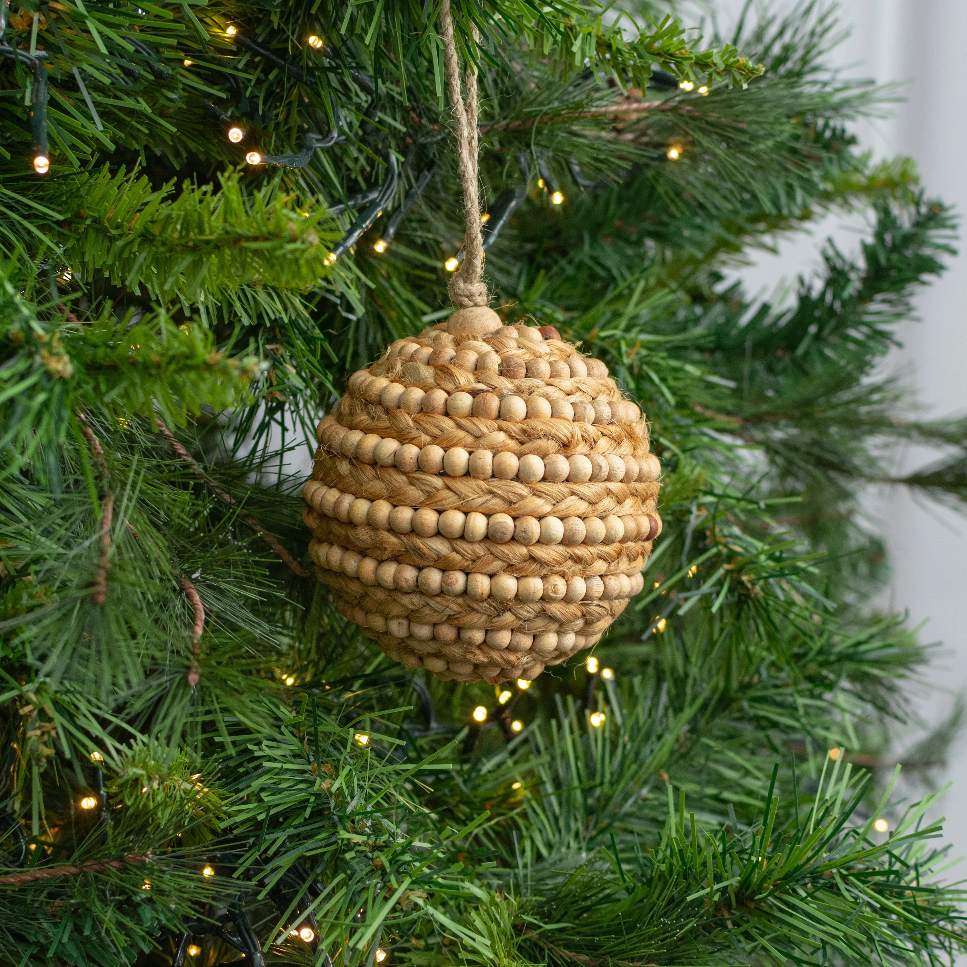 4" Wooden Bead & Jute Rope Ball Ornament