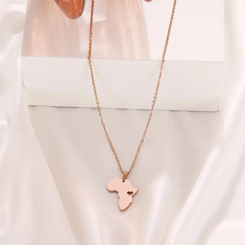 Africa Map Gold Pendant Necklace 45cm Stainless Steel Engagement Jewelry