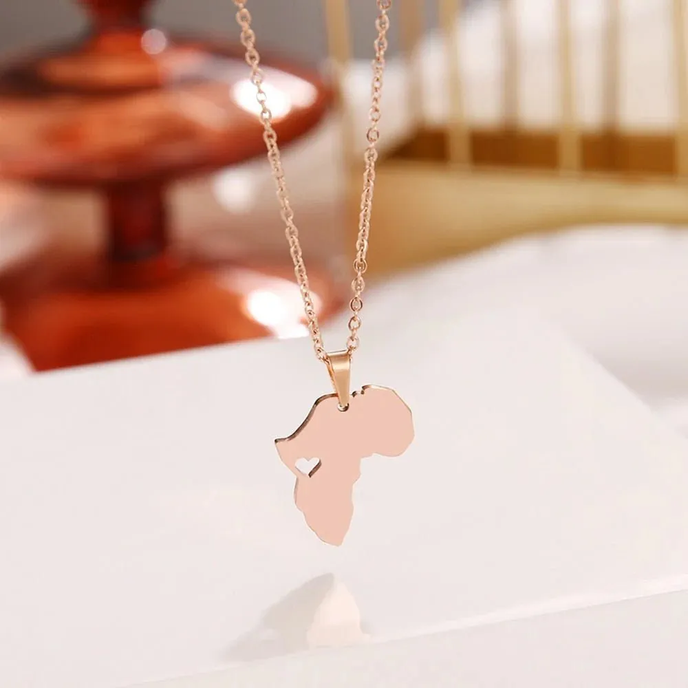 Africa Map Gold Pendant Necklace 45cm Stainless Steel Engagement Jewelry