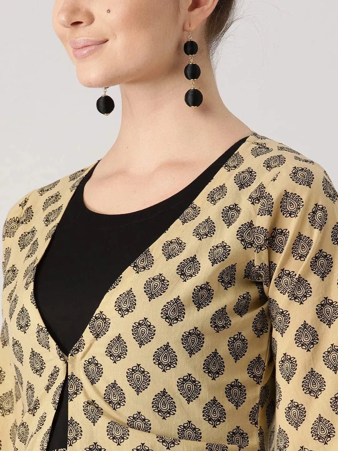 Beige Printed Cotton Kurta With Jacket