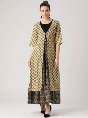 Beige Printed Cotton Kurta With Jacket