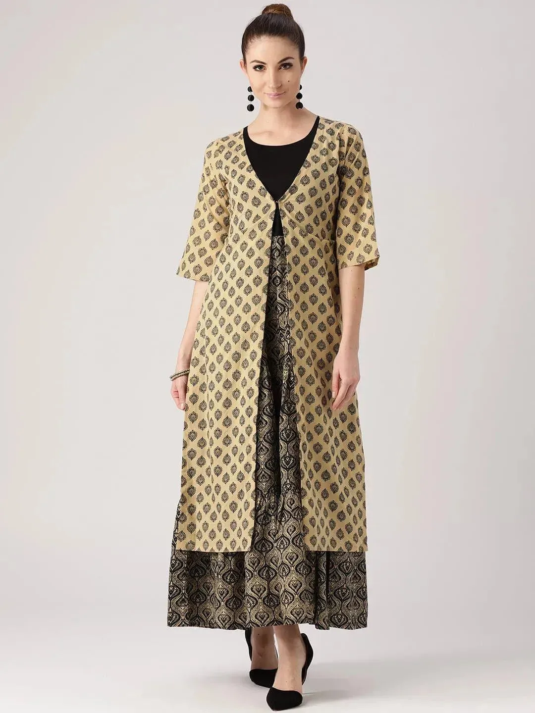 Beige Printed Cotton Kurta With Jacket