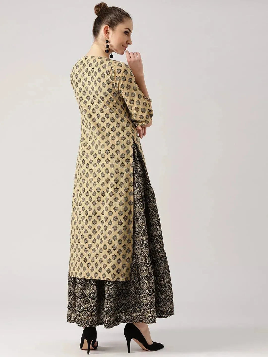 Beige Printed Cotton Kurta With Jacket