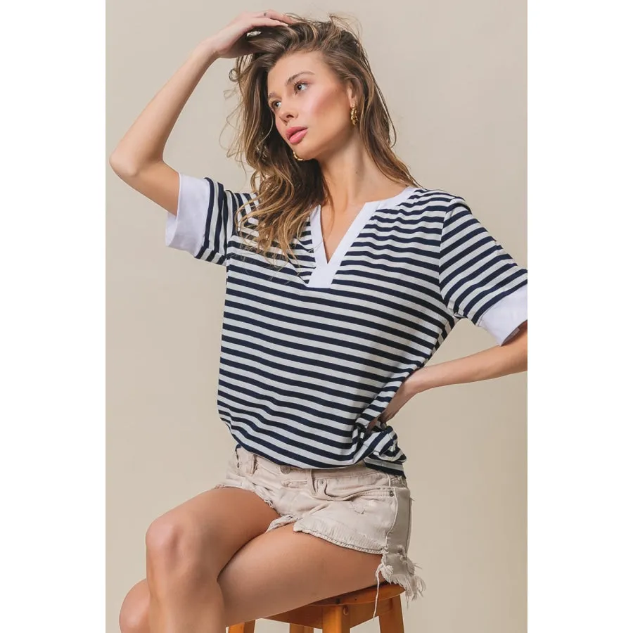 BiBi Contrast Striped Notched Knit Top