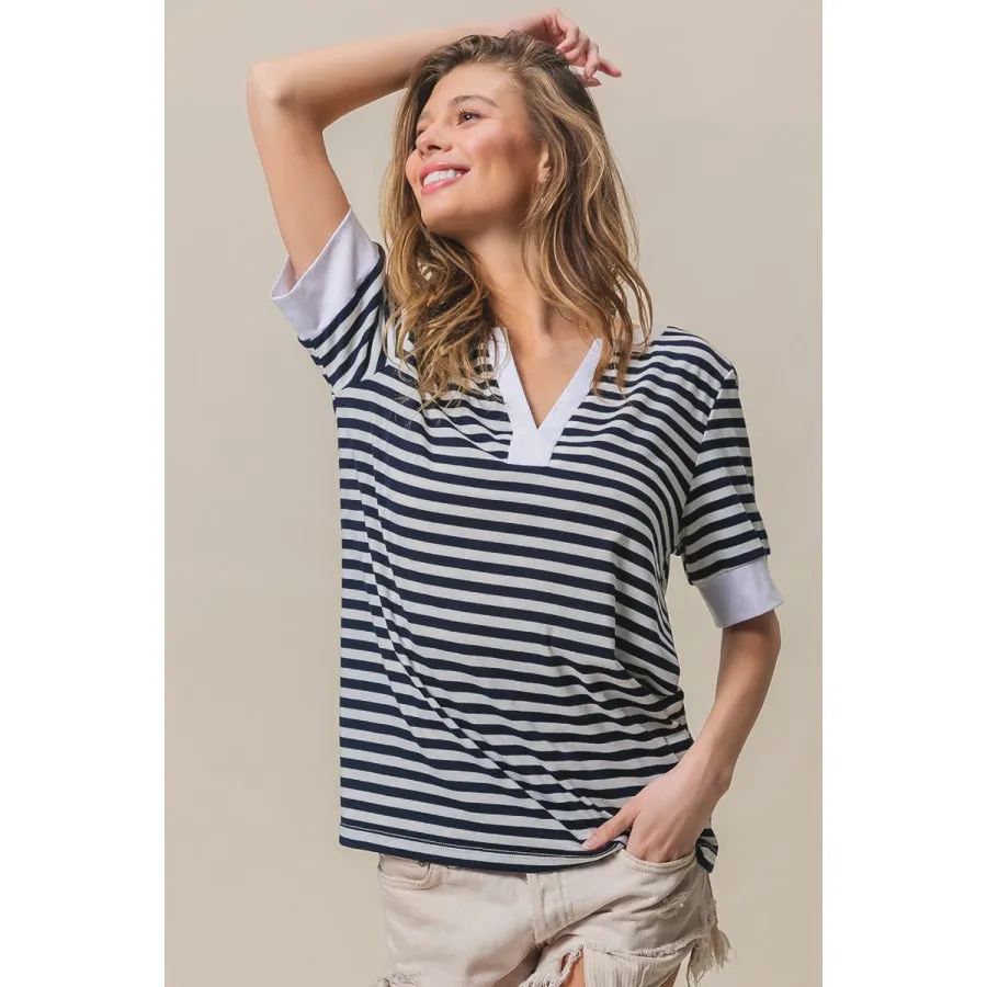 BiBi Contrast Striped Notched Knit Top