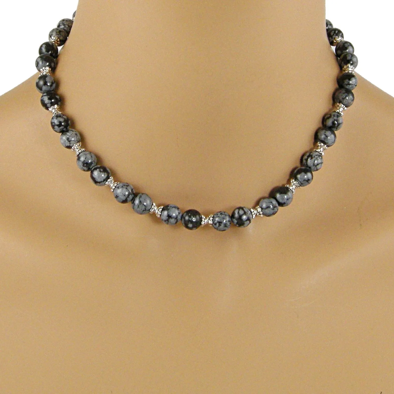 Black and Gray Necklace, Snowflake Obsidian Necklace