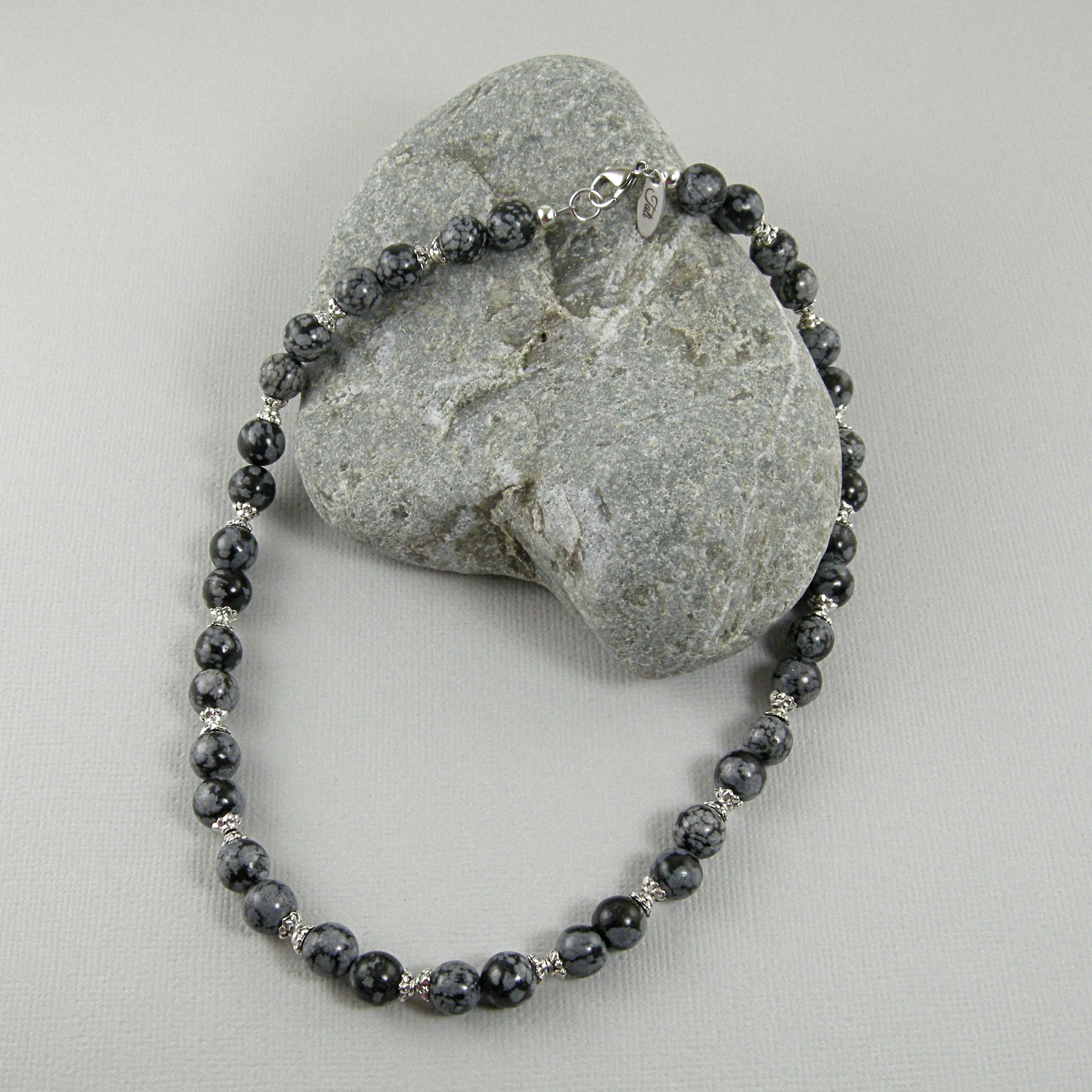 Black and Gray Necklace, Snowflake Obsidian Necklace