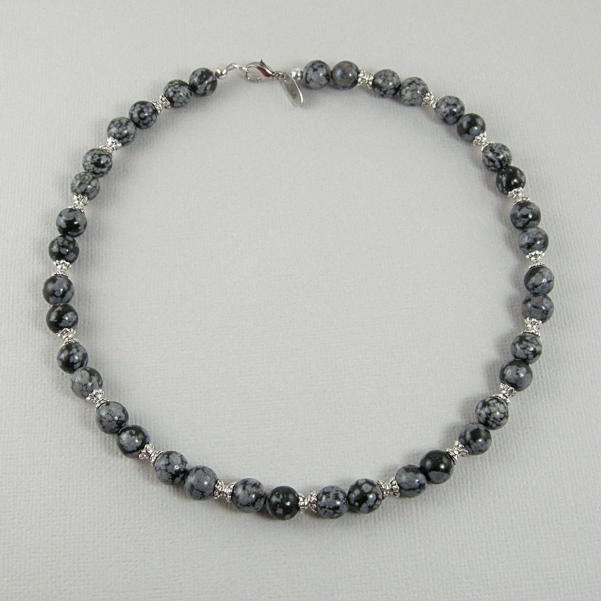 Black and Gray Necklace, Snowflake Obsidian Necklace