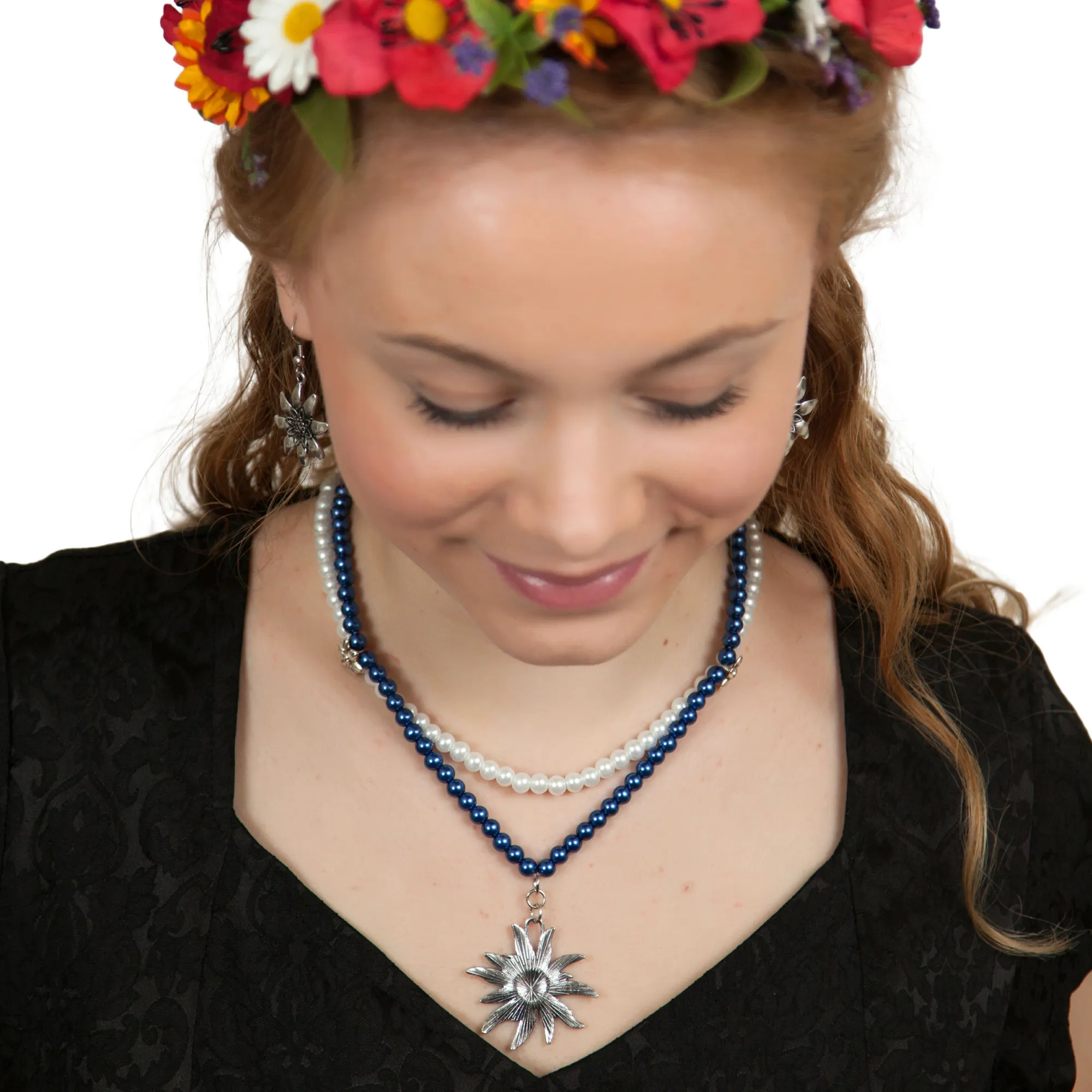 Blue & White Pearl German Costume Edelweiss Necklace
