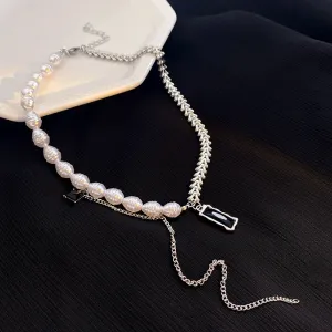 Chic Pearl and Silver Chain Necklace-jltn0679