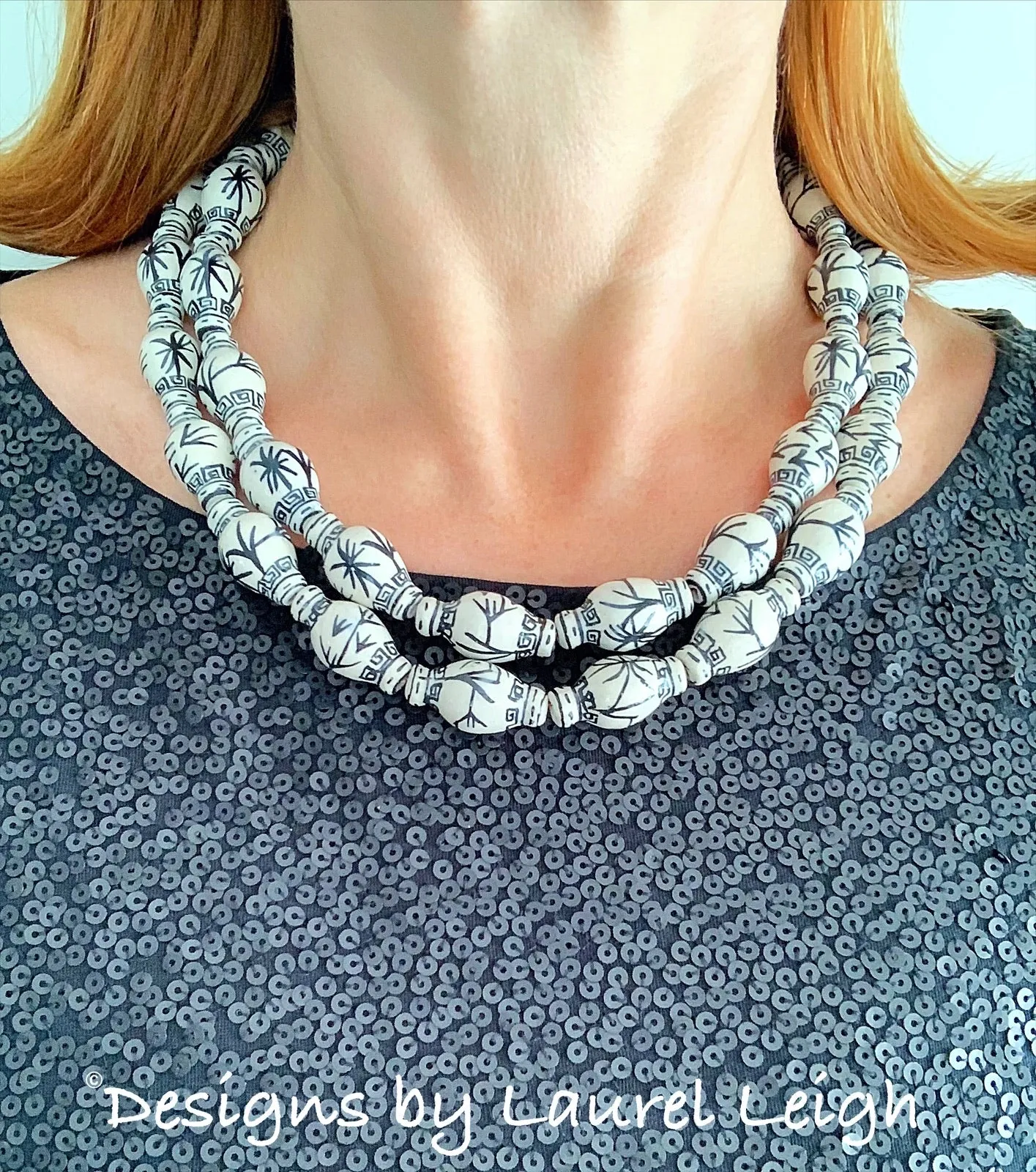 Chinoiserie Double Strand Ginger Jar Necklace - Black & White