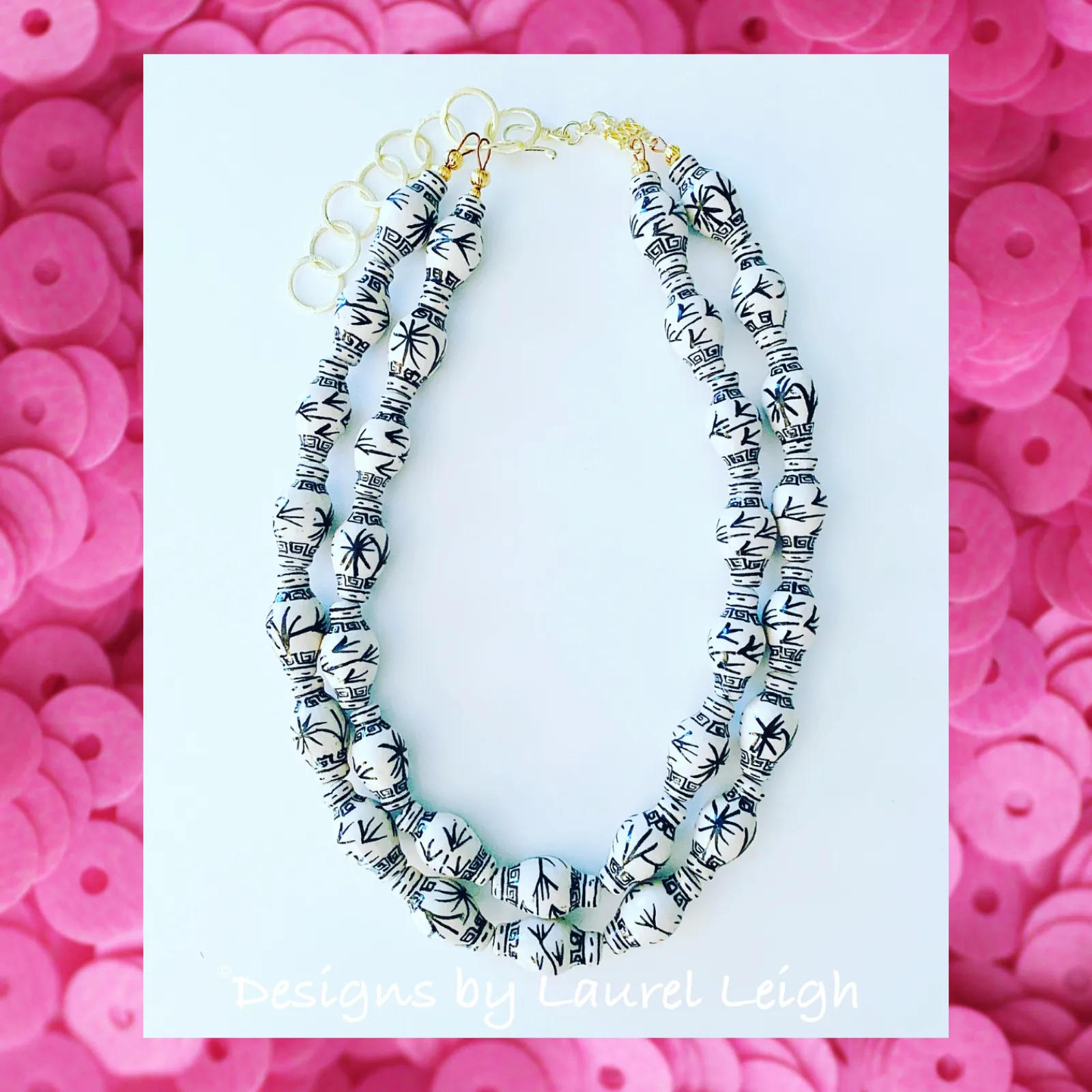 Chinoiserie Double Strand Ginger Jar Necklace - Black & White