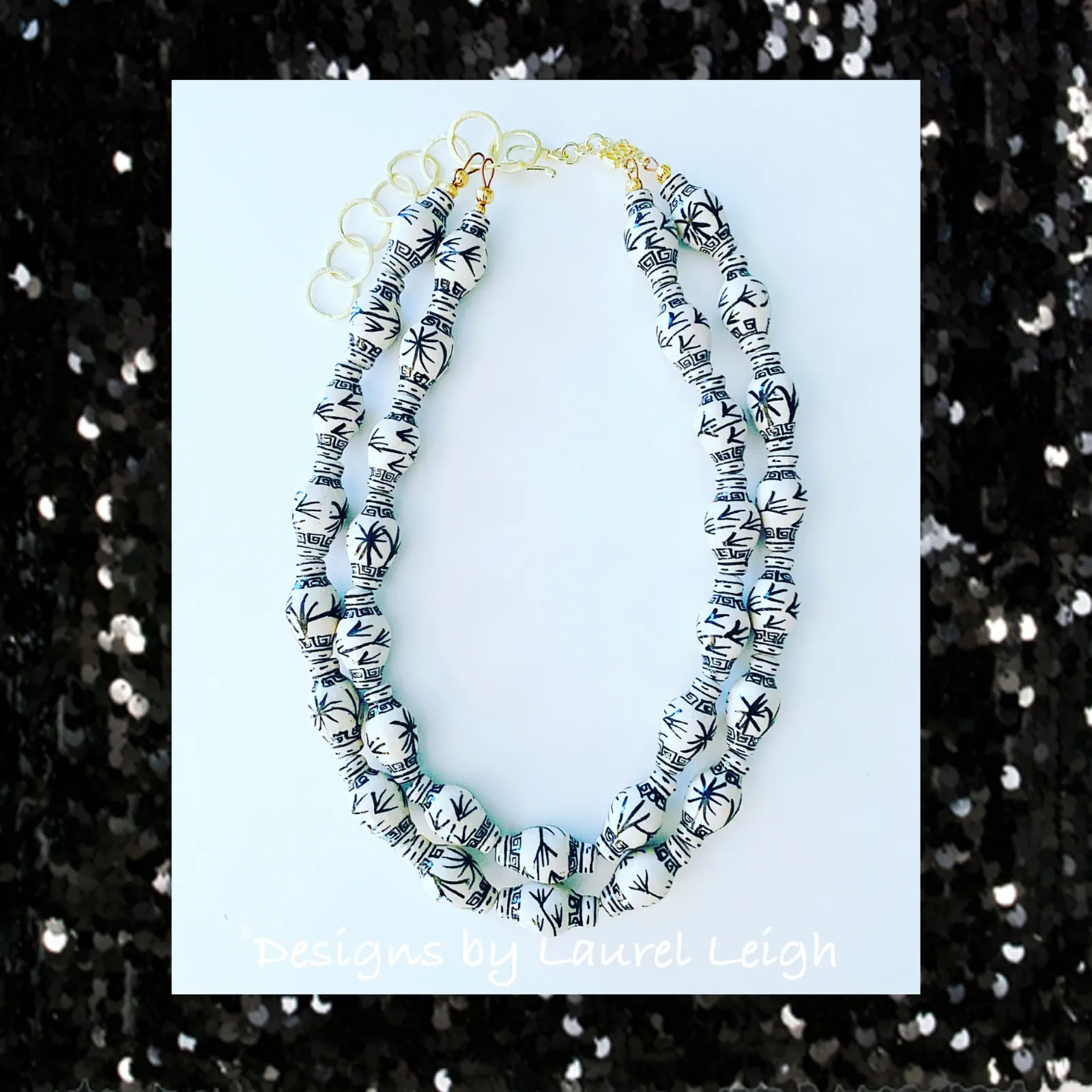 Chinoiserie Double Strand Ginger Jar Necklace - Black & White