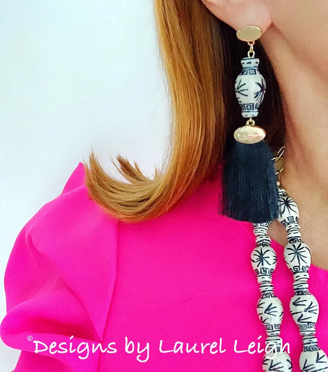 Chinoiserie Double Strand Ginger Jar Necklace - Black & White