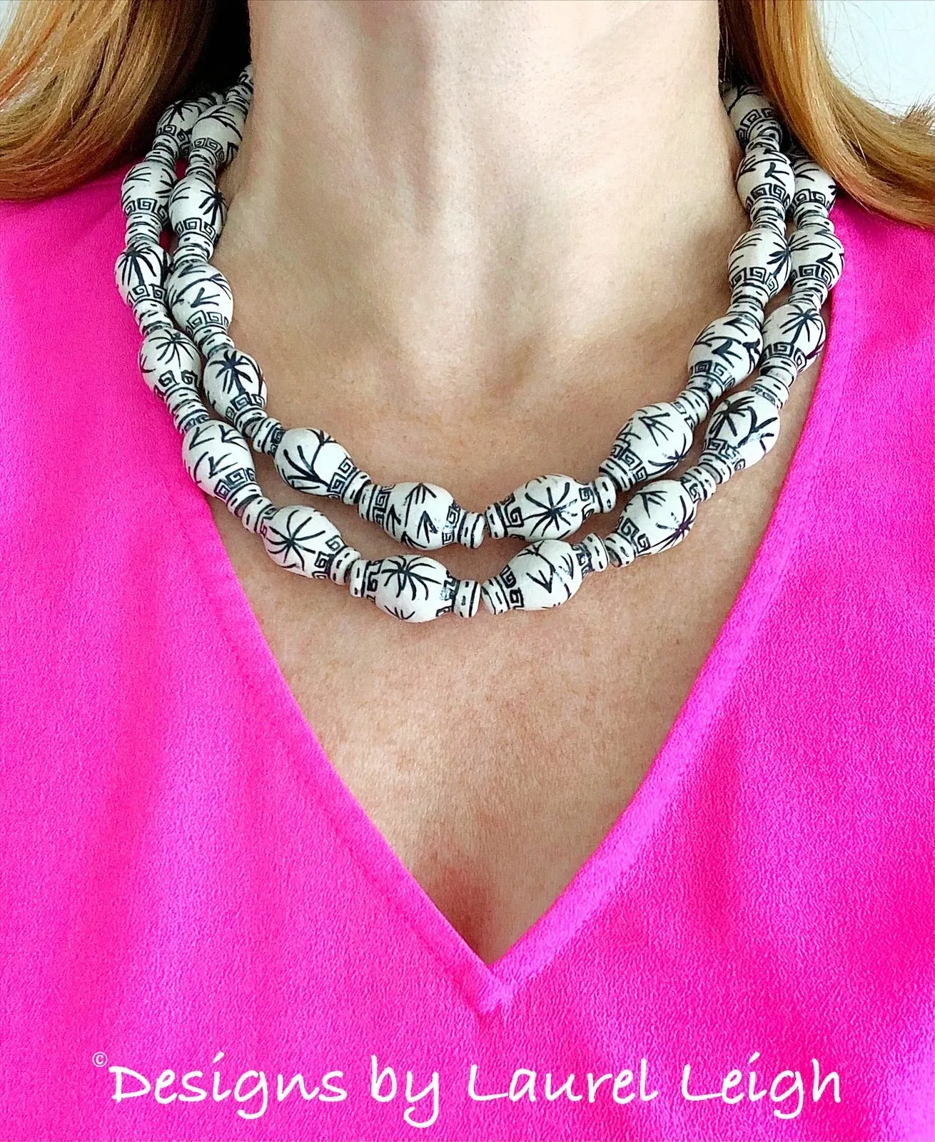 Chinoiserie Double Strand Ginger Jar Necklace - Black & White