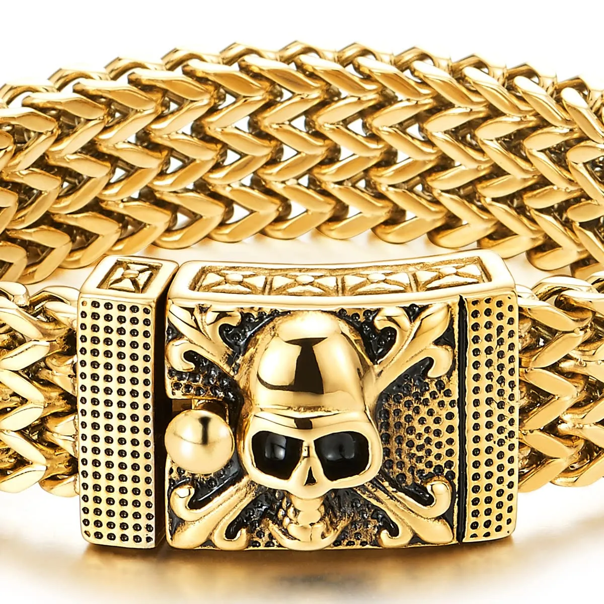 COOLSTEELANDBEYOND Mens Stainless Steel Curb Chain Bracelet with Pirate Skulls Clasp, Gold Color, Large Bracelet Franco Link