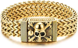 COOLSTEELANDBEYOND Mens Stainless Steel Curb Chain Bracelet with Pirate Skulls Clasp, Gold Color, Large Bracelet Franco Link