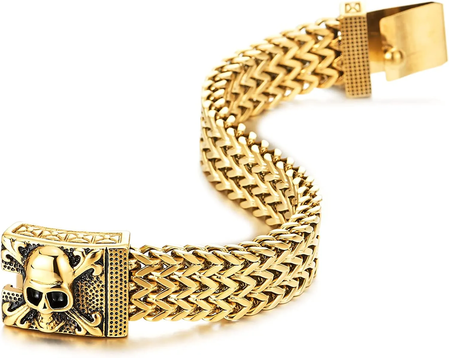 COOLSTEELANDBEYOND Mens Stainless Steel Curb Chain Bracelet with Pirate Skulls Clasp, Gold Color, Large Bracelet Franco Link