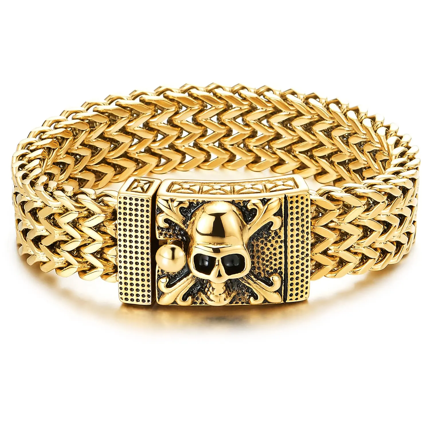 COOLSTEELANDBEYOND Mens Stainless Steel Curb Chain Bracelet with Pirate Skulls Clasp, Gold Color, Large Bracelet Franco Link