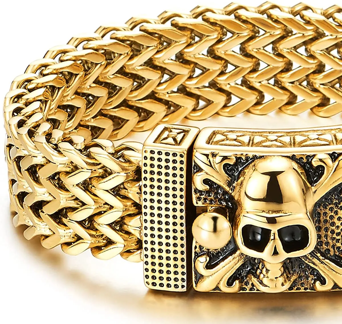 COOLSTEELANDBEYOND Mens Stainless Steel Curb Chain Bracelet with Pirate Skulls Clasp, Gold Color, Large Bracelet Franco Link
