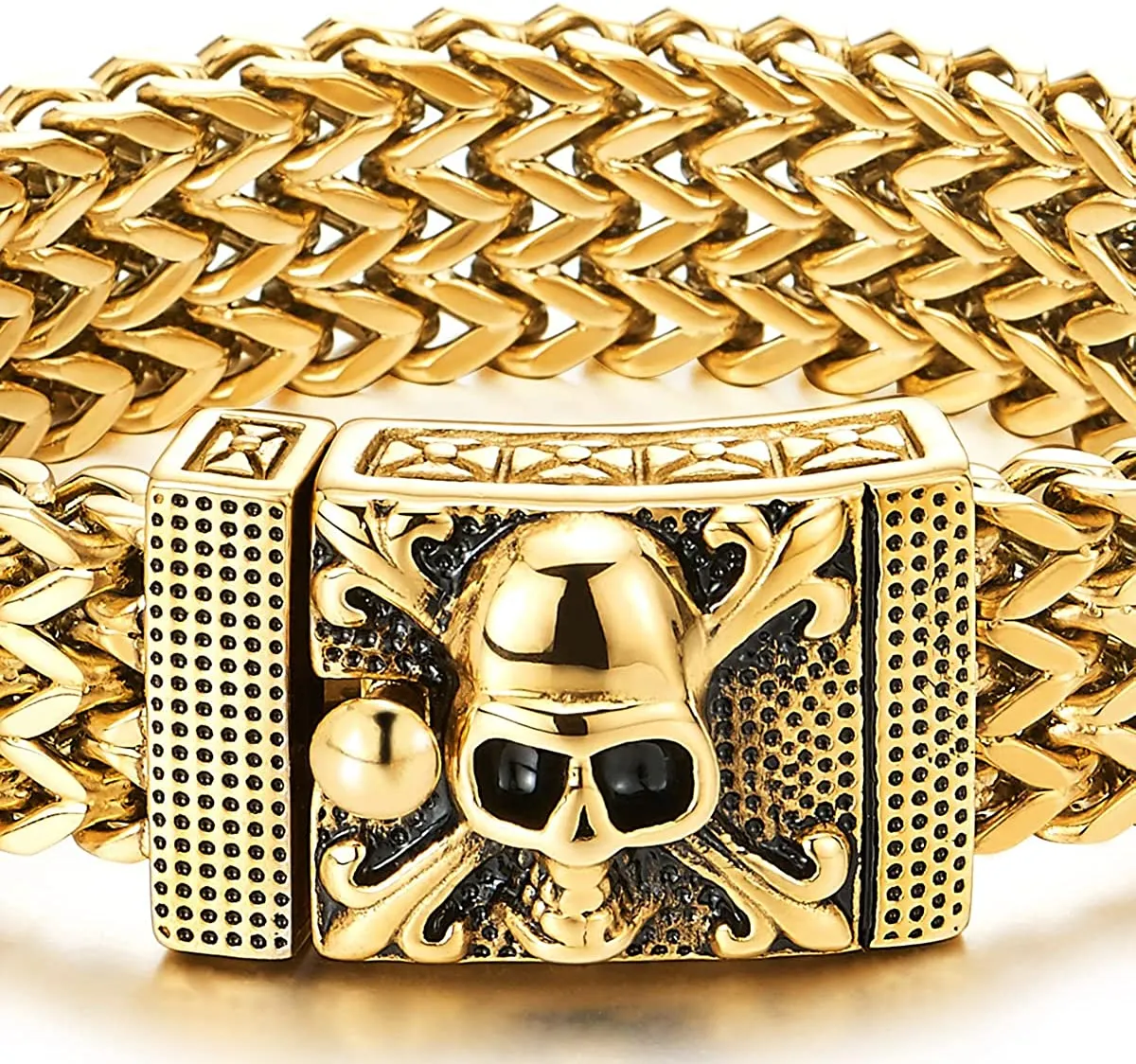 COOLSTEELANDBEYOND Mens Stainless Steel Curb Chain Bracelet with Pirate Skulls Clasp, Gold Color, Large Bracelet Franco Link