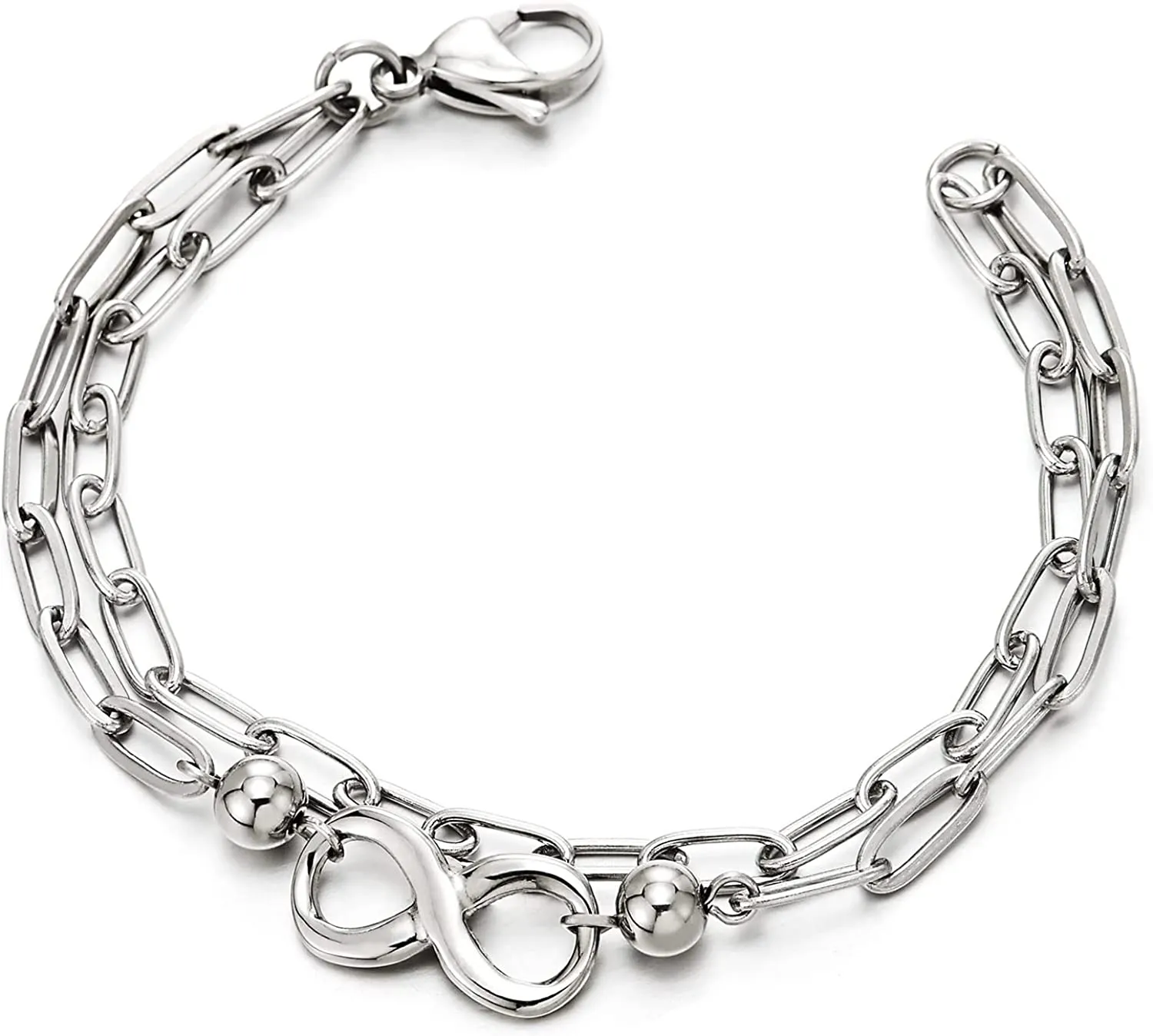 COOLSTEELANDBEYOND Women Infinity Charm Number 8 Bracelet, Stainless Steel Long Oval Link, Polished, Fashion Style