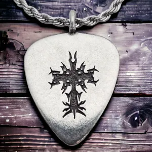 Cross Guitar Pick Antique Silver Finish Pendant Twisted Rope Chain Necklace