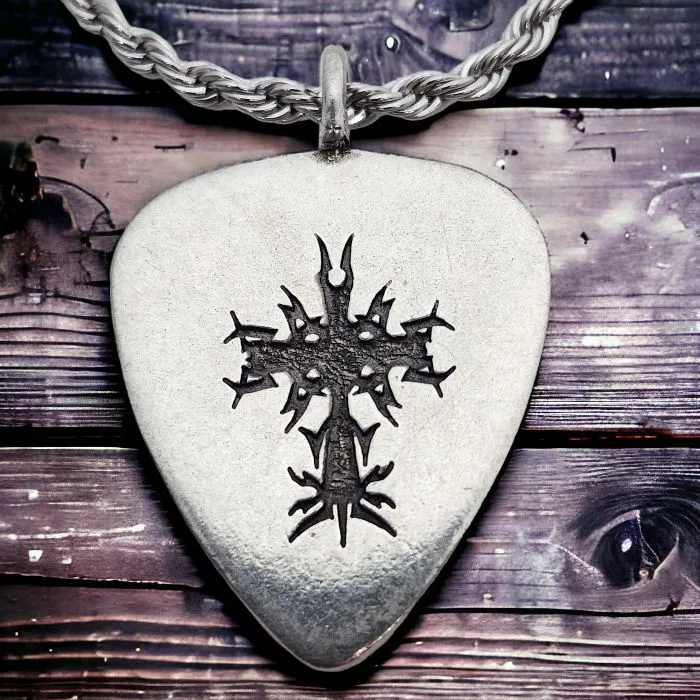 Cross Guitar Pick Antique Silver Finish Pendant Twisted Rope Chain Necklace
