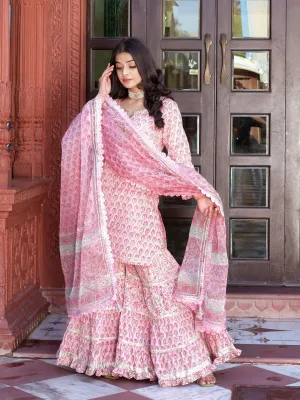 Divena Pink Floral Hand Block Printed Kurta Sharara Set with Dupatta