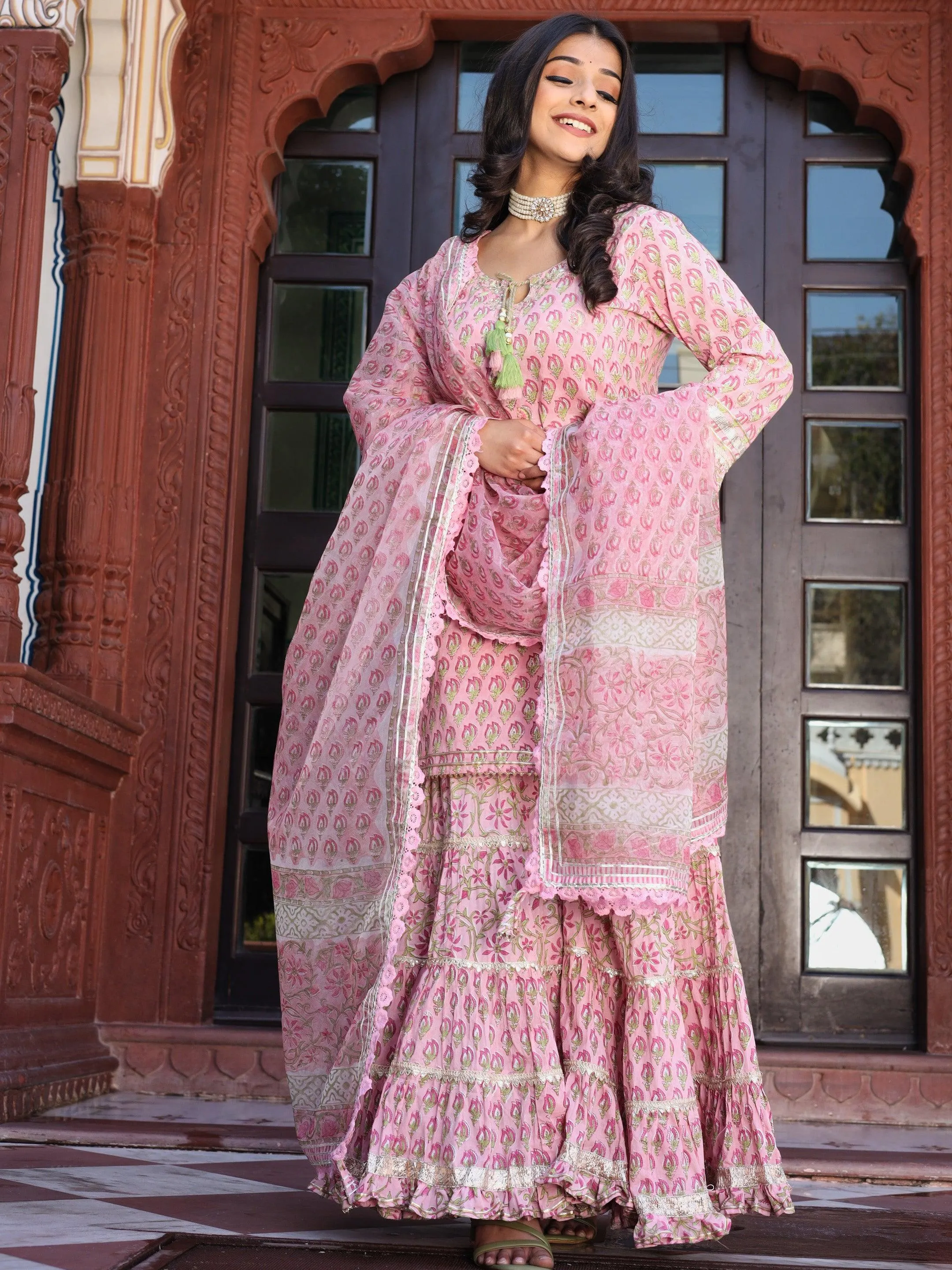 Divena Pink Floral Hand Block Printed Kurta Sharara Set with Dupatta