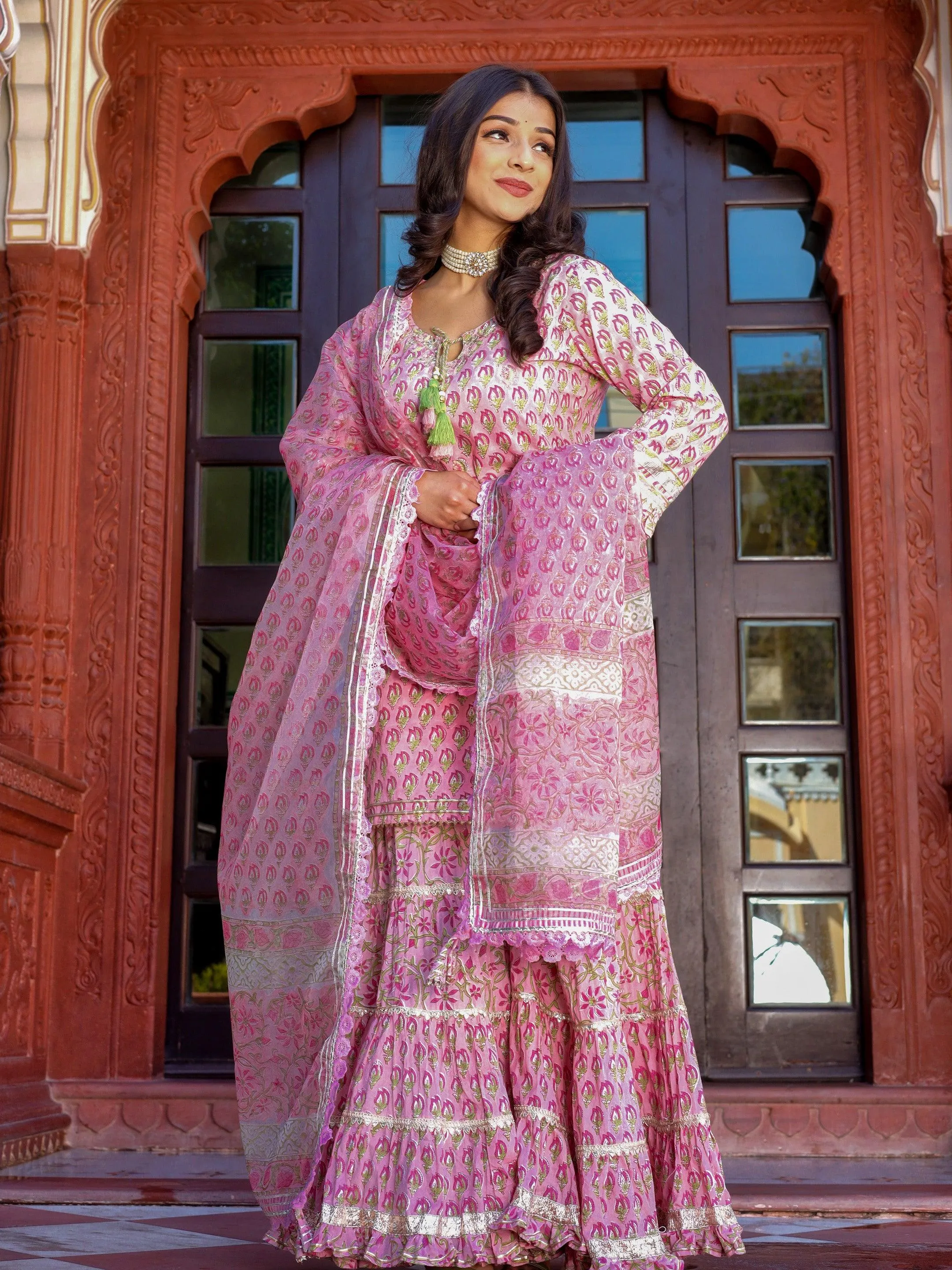 Divena Pink Floral Hand Block Printed Kurta Sharara Set with Dupatta