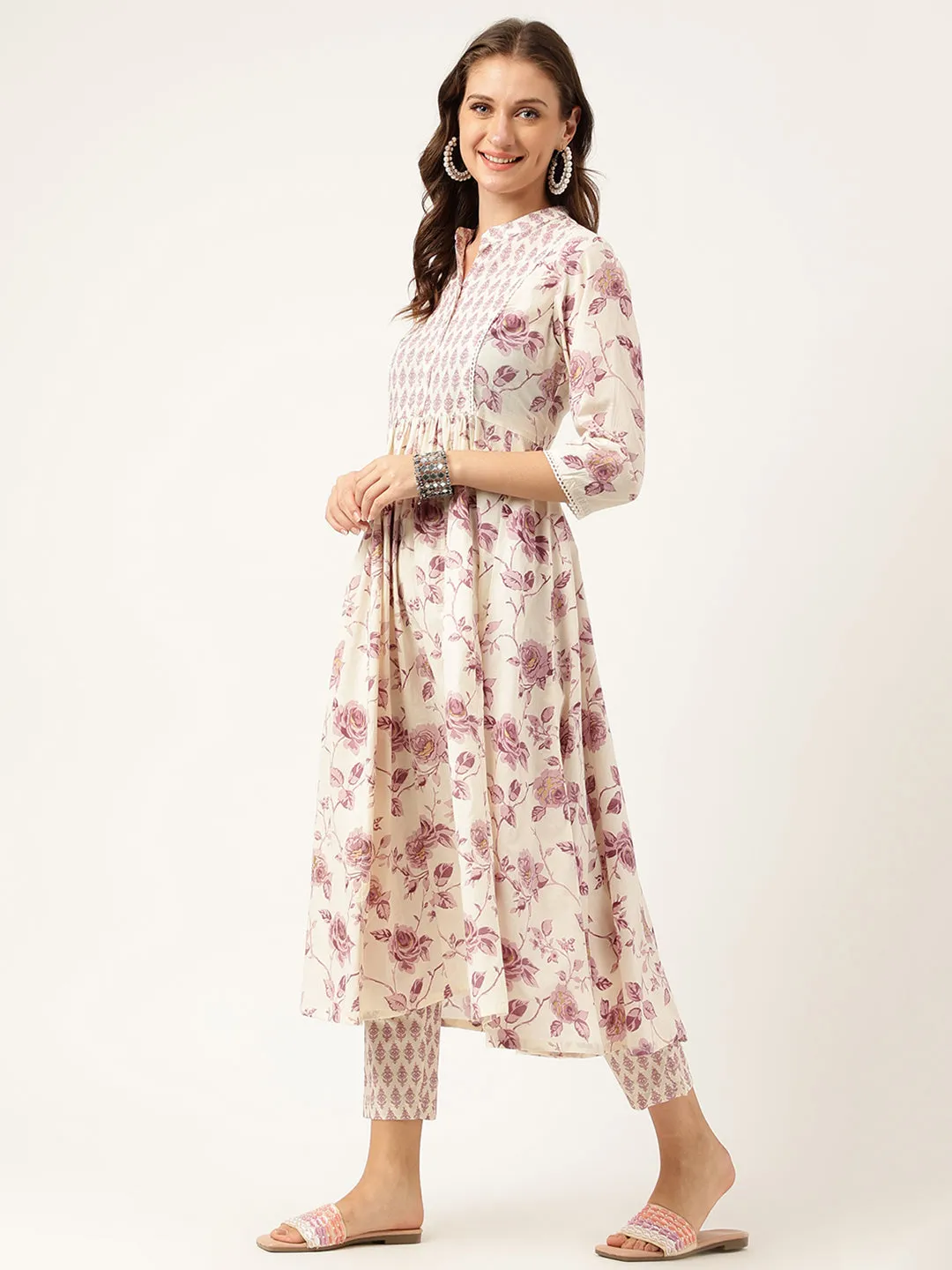 Divena White Purple Floral Cotton Flared kurta with Pant set