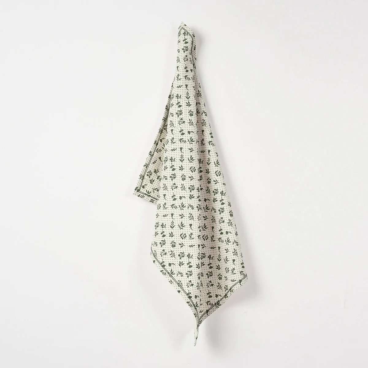 DOMINOTERIE Green Printed Kitchen Towel, small floral pattern, 100% cotton, size 20"X28"
