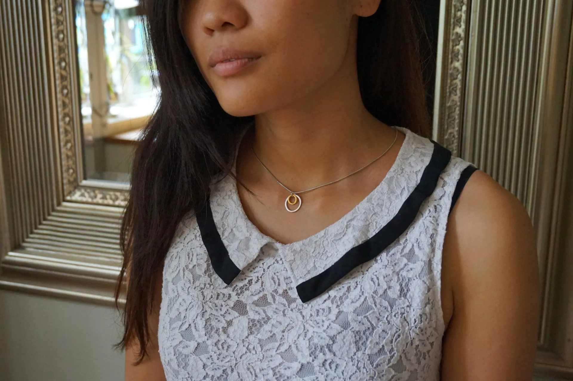 Double Circle of Love Necklace, Silver and Gold Vermeil Hoop Necklace