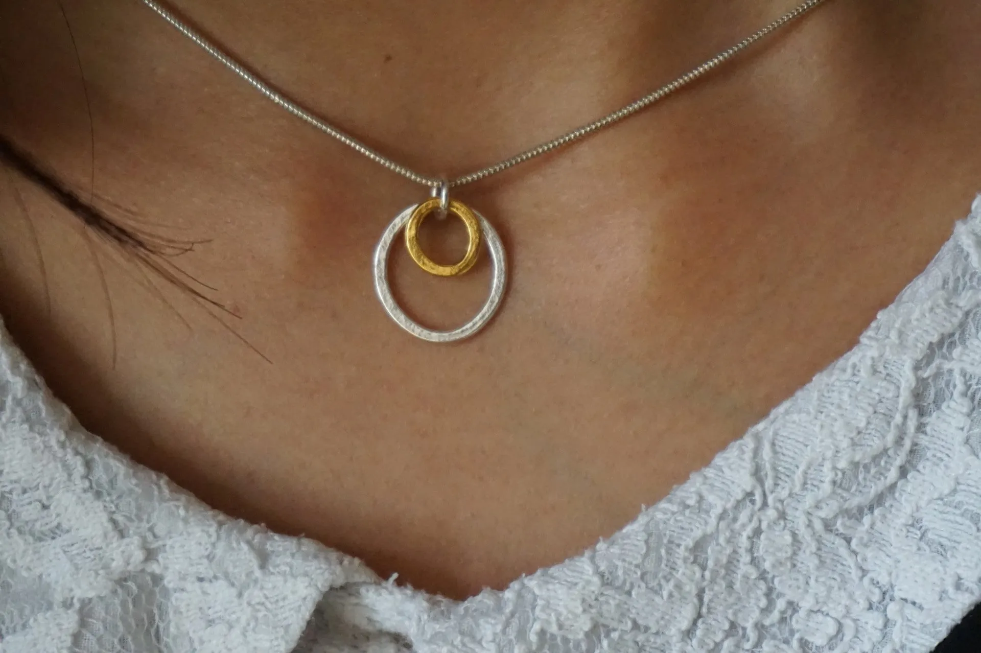 Double Circle of Love Necklace, Silver and Gold Vermeil Hoop Necklace