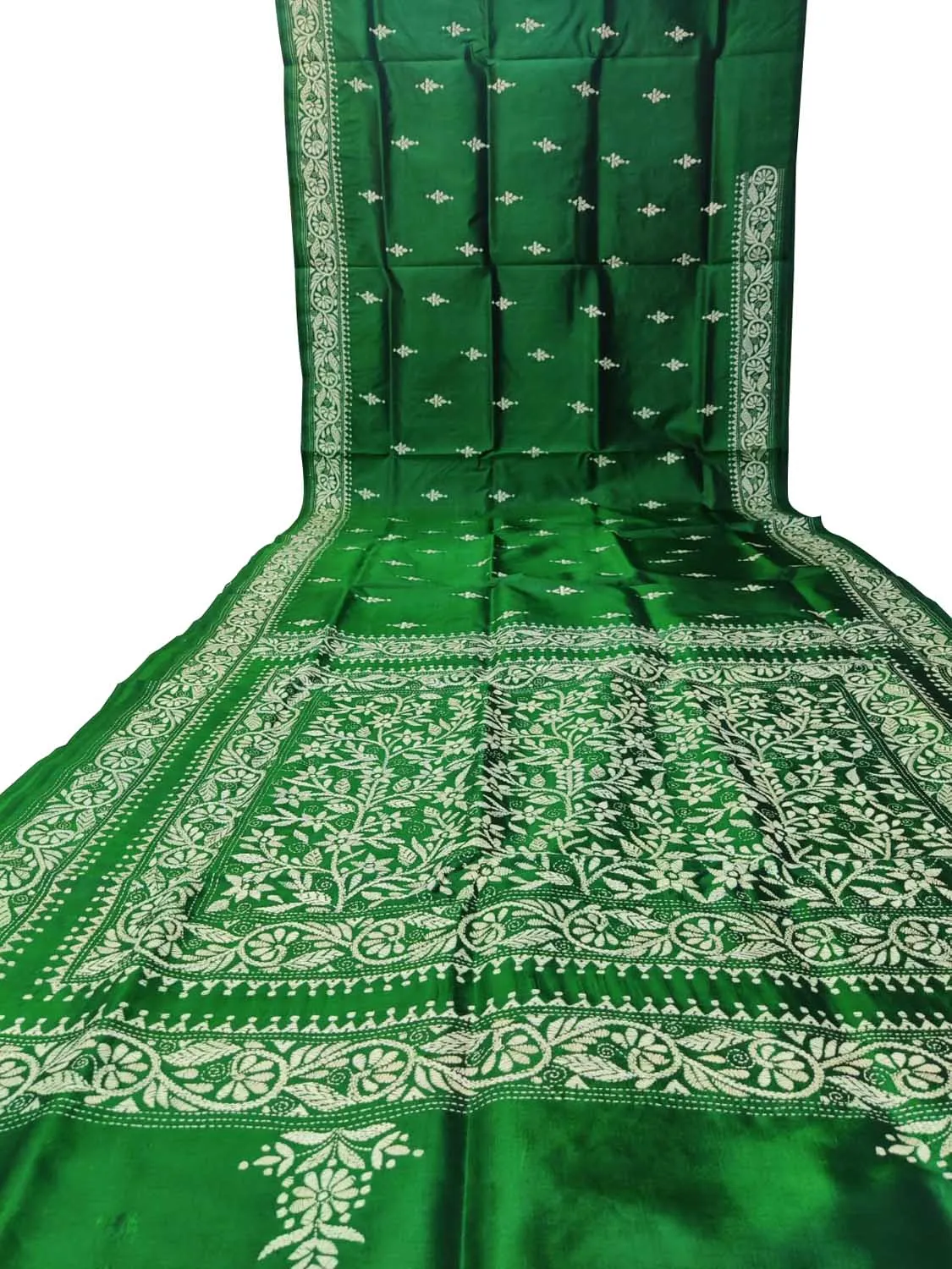 Exquisite Green Hand Embroidered Kantha Work Bangalore Silk Saree