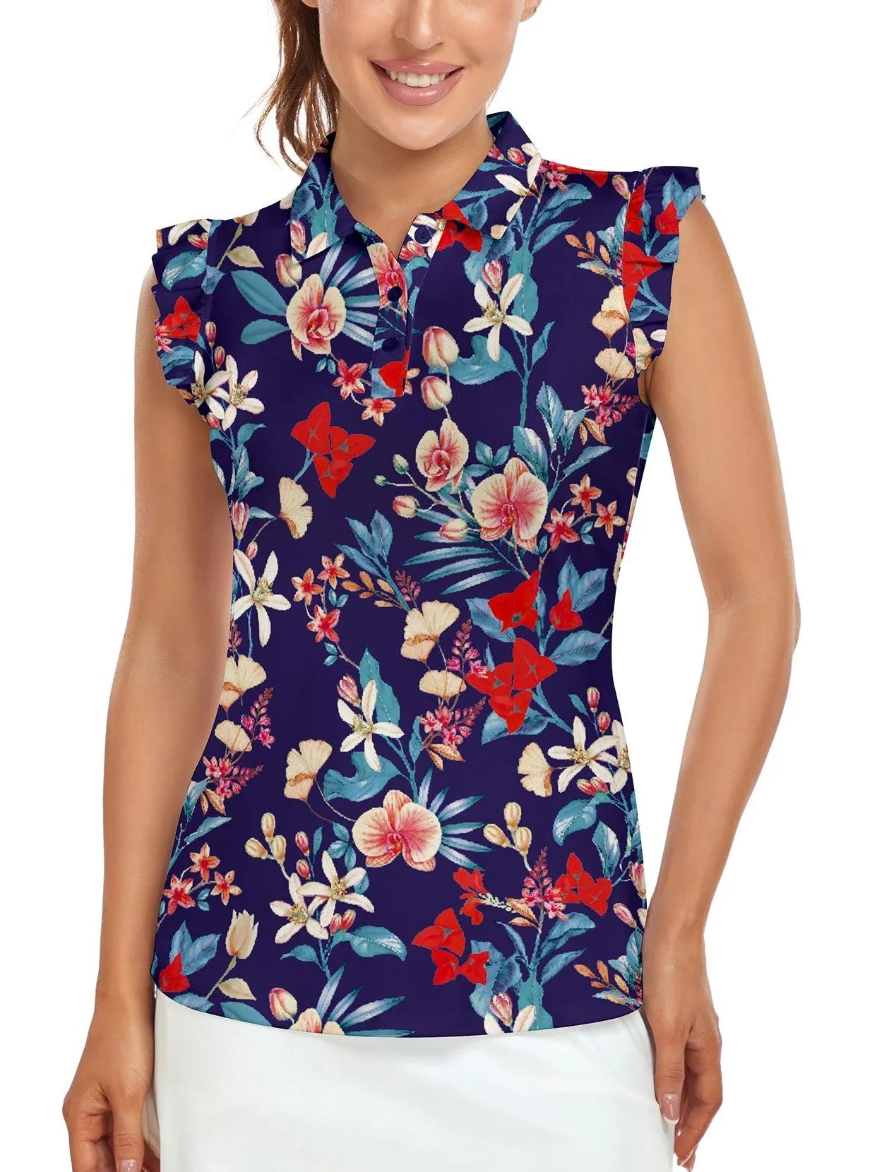Floral Sleeveless Athletic Polo Shirt For Women