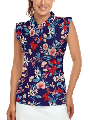 Floral Sleeveless Athletic Polo Shirt For Women
