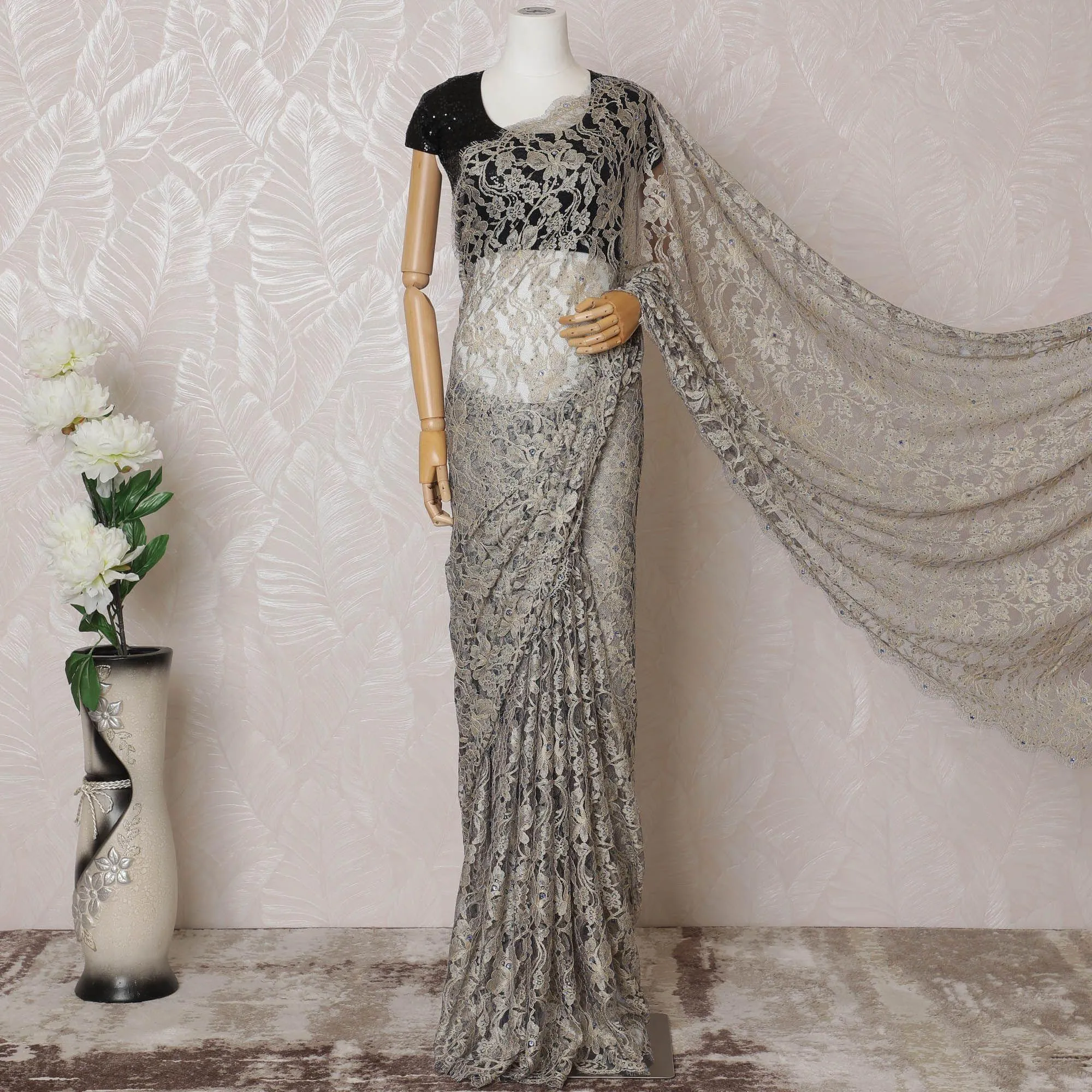 Gold, blue Premium pure French two tone chantilly lace saree having stone work in floral design-D14598