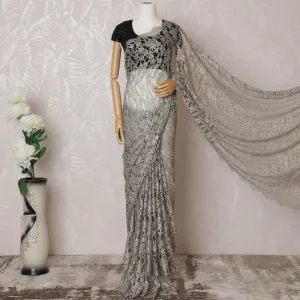 Gold, blue Premium pure French two tone chantilly lace saree having stone work in floral design-D14598