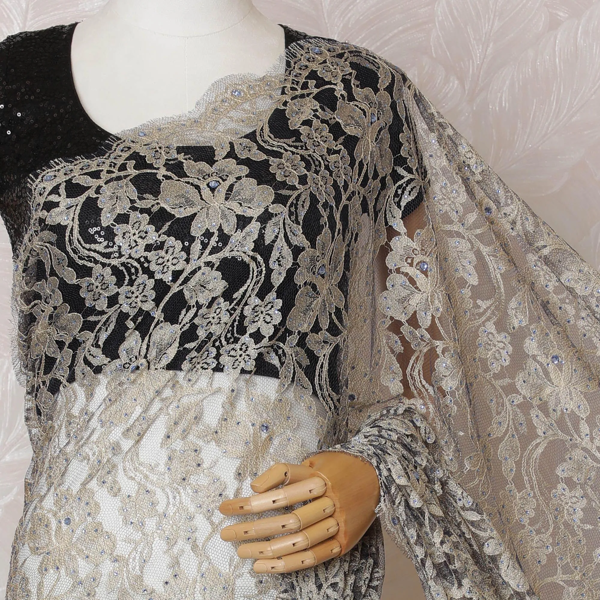 Gold, blue Premium pure French two tone chantilly lace saree having stone work in floral design-D14598