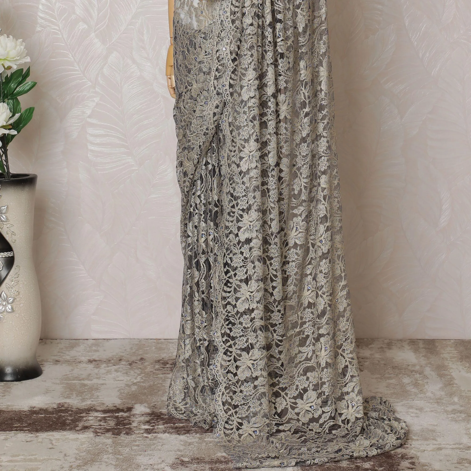 Gold, blue Premium pure French two tone chantilly lace saree having stone work in floral design-D14598
