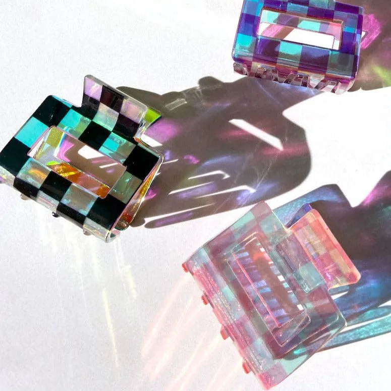 Hair Claw Clips: Checkered Iridescent