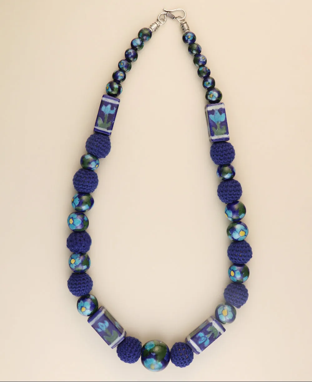 Hand-Painted Floral Ceramic Bead Necklace with Crochet Accents