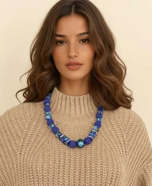 Hand-Painted Floral Ceramic Bead Necklace with Crochet Accents