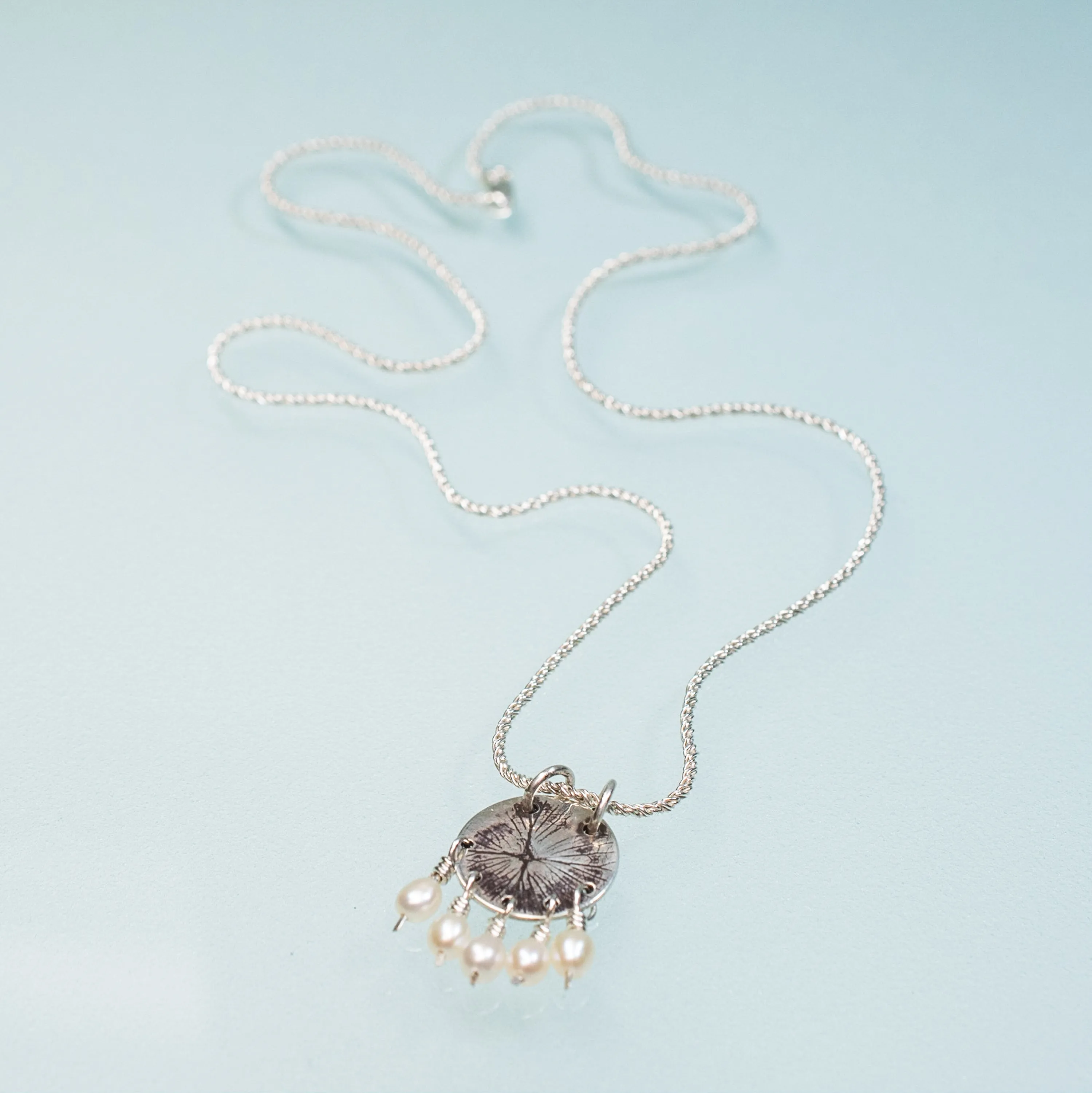 Hydrangea Print Disc Necklace - White Pearls