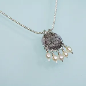 Hydrangea Print Disc Necklace - White Pearls